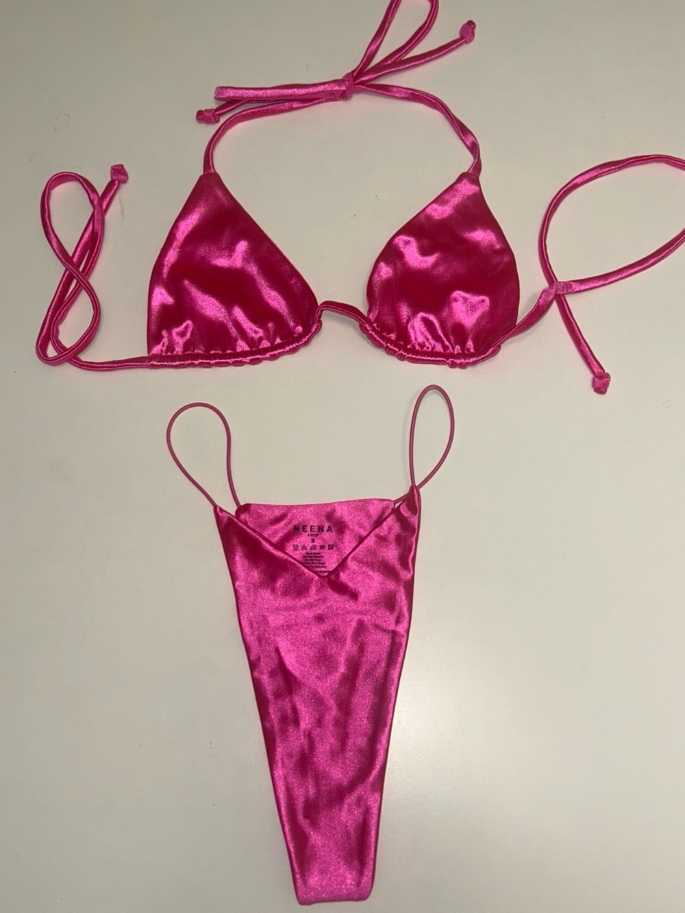 Neena hot pink satin Barbie bikini strappy top & thong set size small NWOT